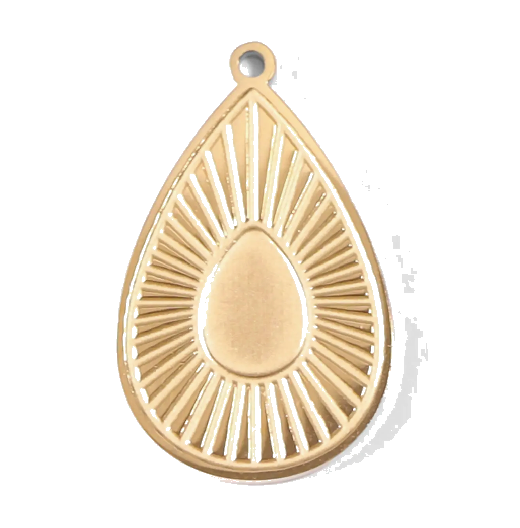 Gold Sunburst Teardrop charm on transparent background
