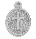 Sterling silver textured cross oval charm on transparent background