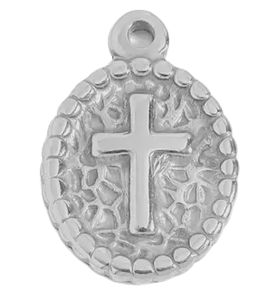Sterling silver textured cross oval charm on transparent background