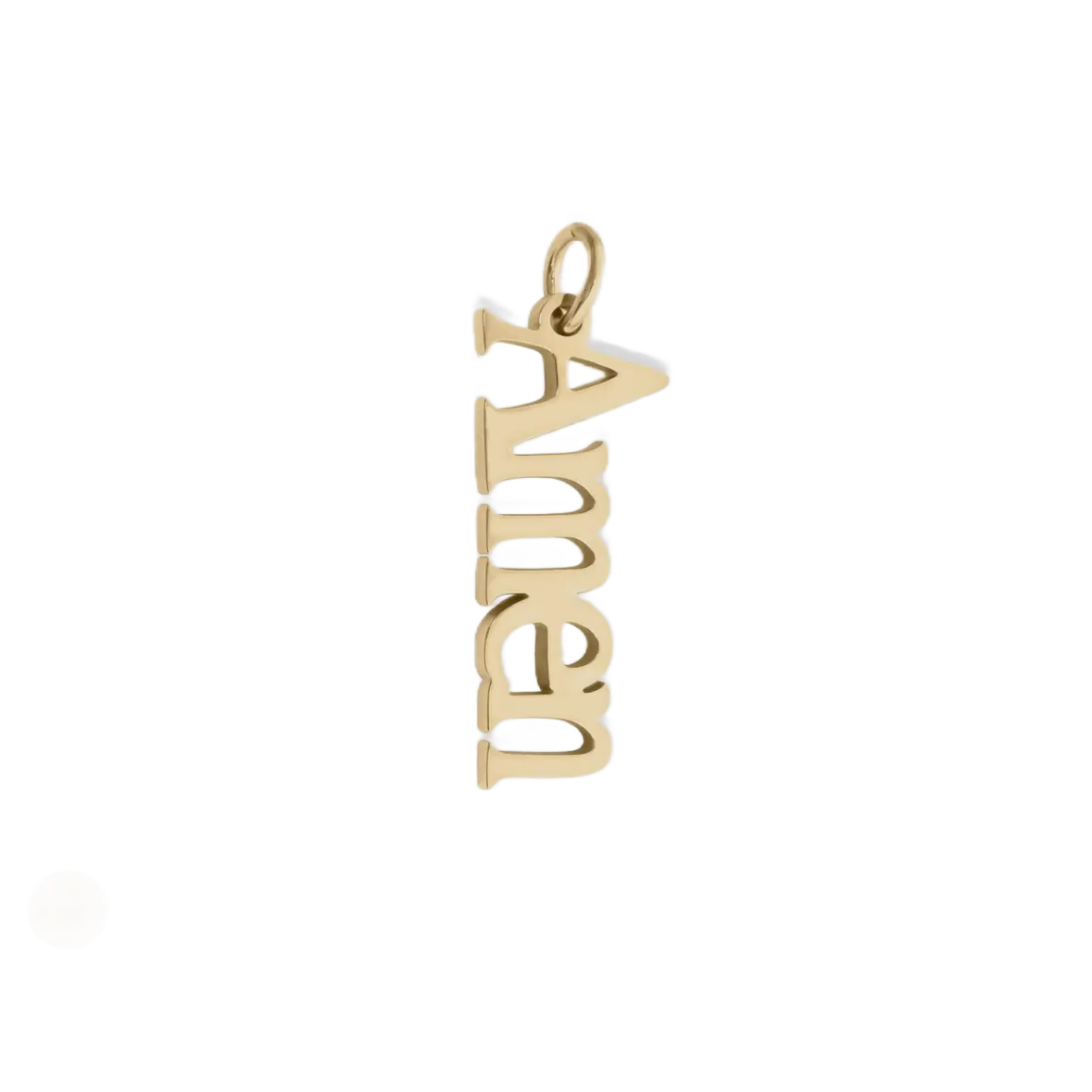 Gold 'Amen' pendant on a white background