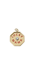 Gold pendant with 'Lucky Mama' text on a white background