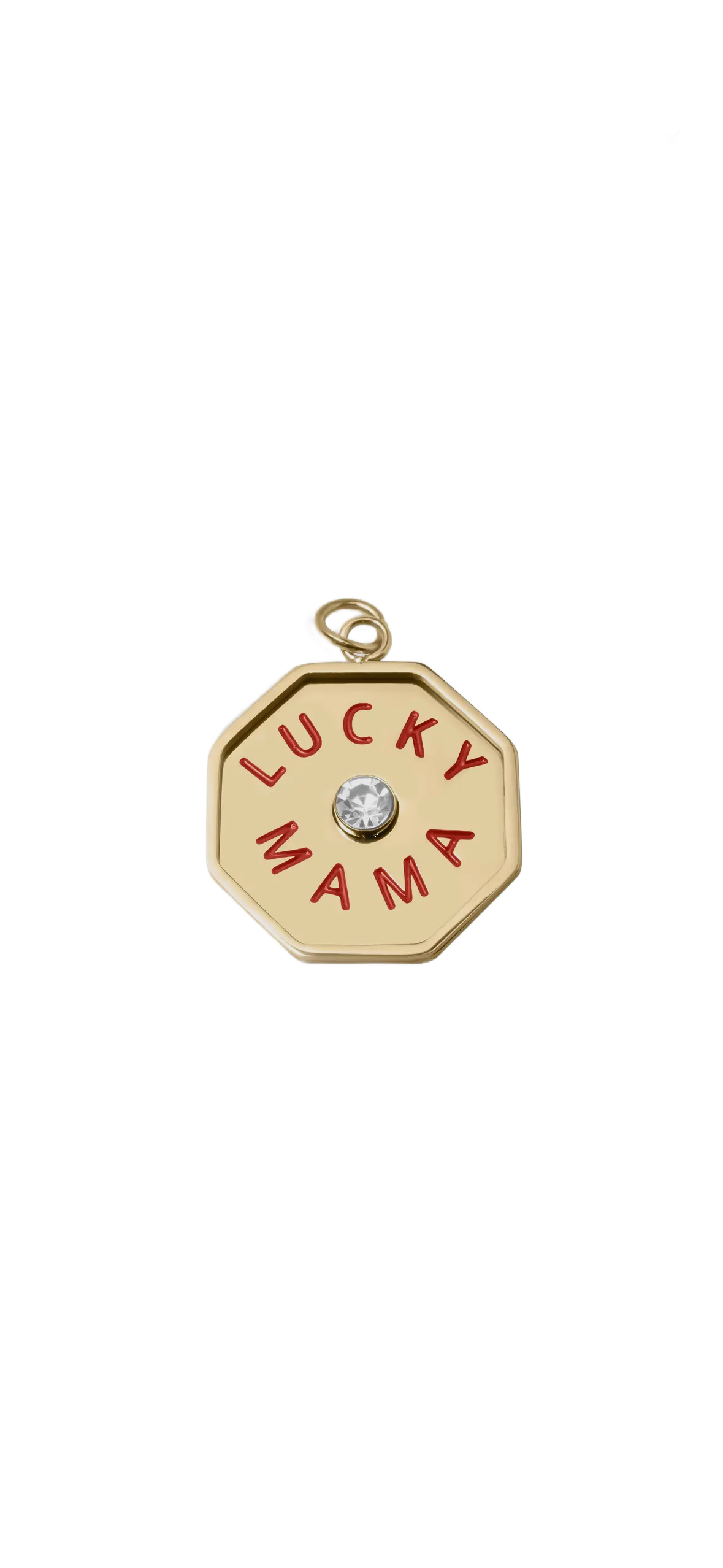Gold pendant with 'Lucky Mama' text on a white background